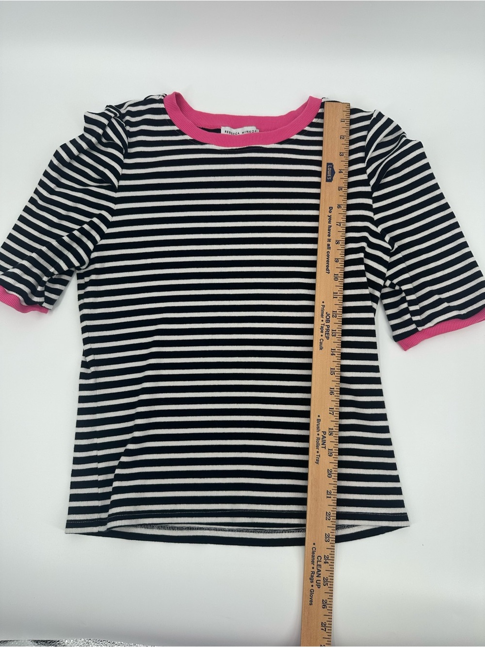 Rebecca Minkoff Ribbed Striped Puff Sleeve Top Large Black White Pink Cotton Str - Picture 4 of 9
